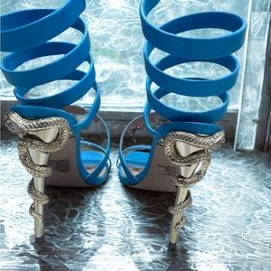 Blue Strappy Heels with Gold Snake Detail